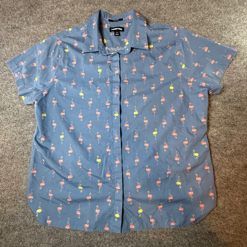 Lands End Womens 18 Blue Flamingo Print No Iron Supima Cotton Short Sleeve Shirt